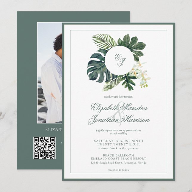 Invitation QR Code Tropical Monstera Orchidées Monogramme Pho (Devant / Derrière)
