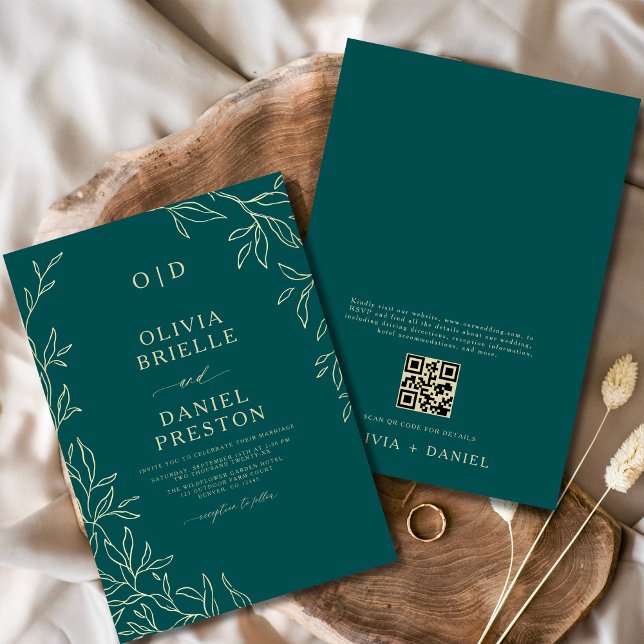 Invitation QR Code Turquoise vert et or minimal Mariage feuil (Créateur téléchargé)