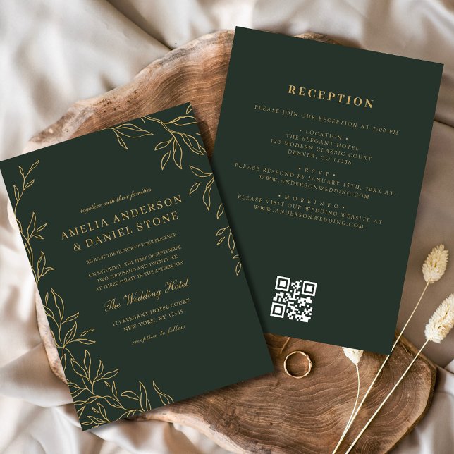 Invitation QR Code Vert Gold Minimal Mariage feuille (Créateur téléchargé)