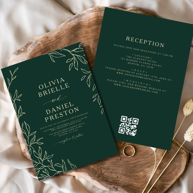 Invitation QR Code Vert Gold Minimal Mariage feuille (Créateur téléchargé)