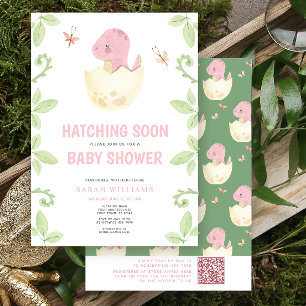 Invitation QR Cute Dinosaur Hatching Bientôt Baby shower rose