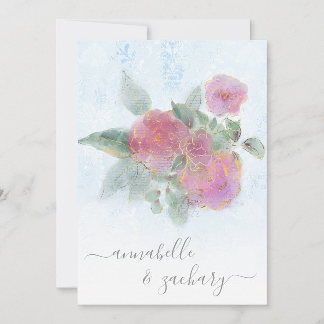 Invitation *~* QR Damask AR12 RSVP Rose Bouquet Mariage or (Devant)