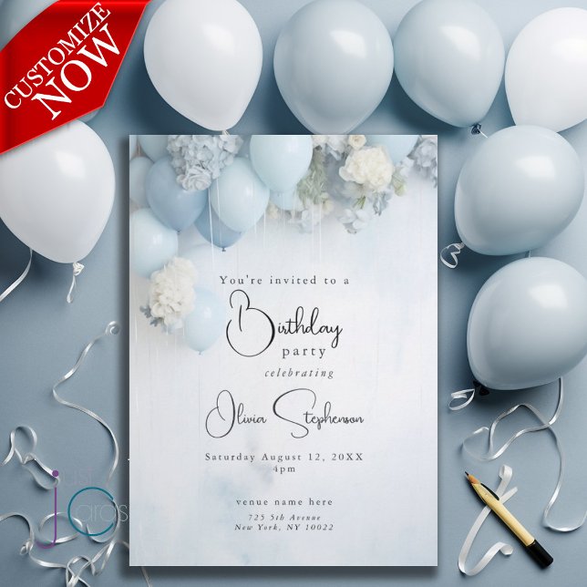 Invitation QR Festive Dusty Bleu Fleurs et Ballons (Text is easy to customize )