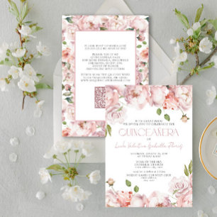 Invitation QR Formal Elegant Blush Rose Floral Quinceanera