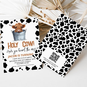 Invitation QR Highland Cow in Bucket Cow Imprimer 1er anniver