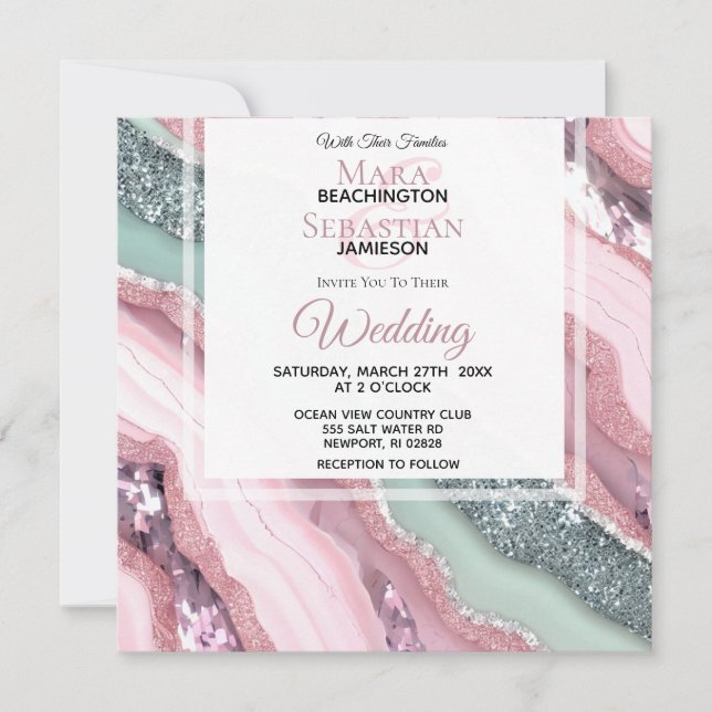 Invitation *~* QR MINT PINK Argent AGATE AR66 Mariage RSVP (Devant)