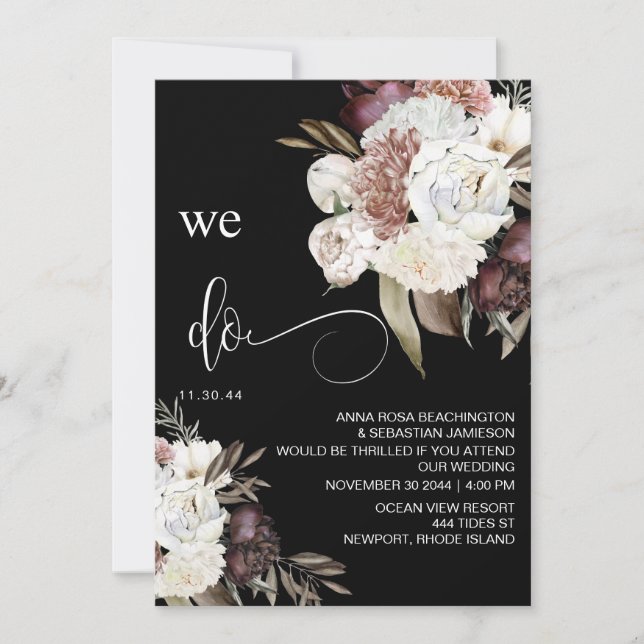 Invitation *~* QR RSVP Floral Burgundy Rose AR15 MARIAGE (Devant)