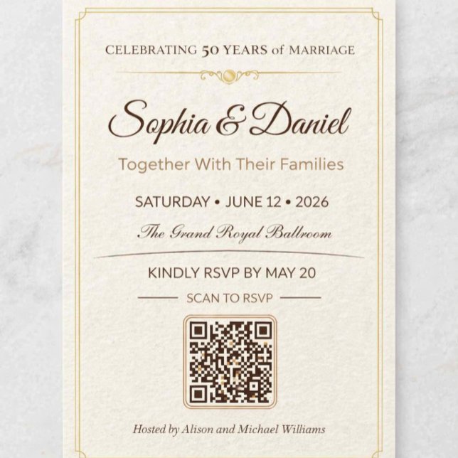 Invitation QR RSVP pour les 50 ans d'anniversaire  (Elegant gold 50th anniversary invitation celebrating timeless love and family togetherness)