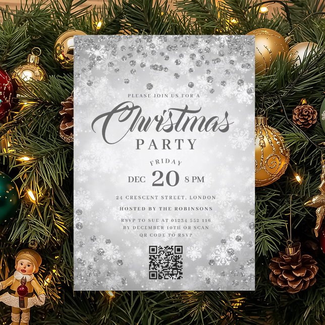 Invitation QR Silver Winter Diamonds Glitter Christmas Party (QR Silver Winter Diamonds Glitter Christmas Party Invitation)