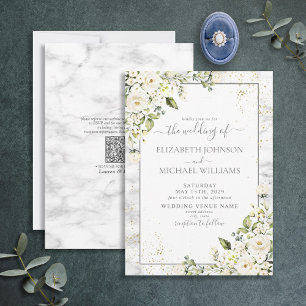 Invitation QRCode Mariage de marbre gris clair blanc floral o