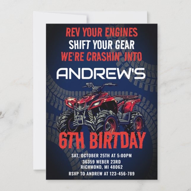 Invitation Quad ATV 4 Roues Personnel Anniversaire Garçons (Devant)