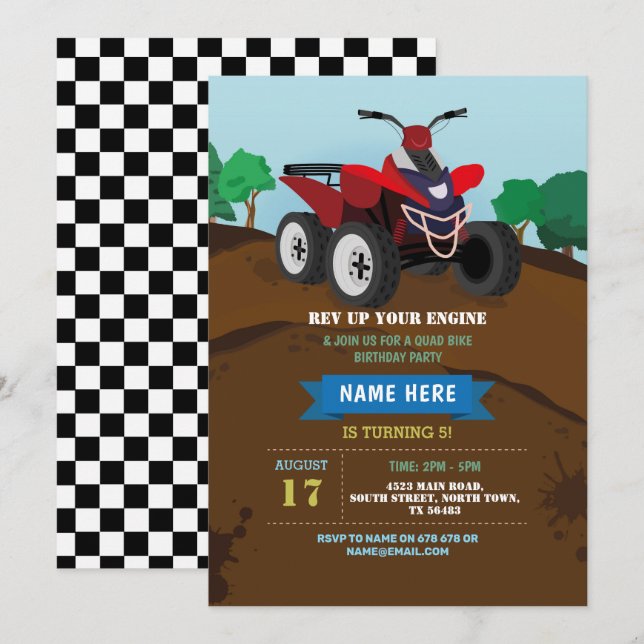 Invitation Quad Bike Birthday Invitation Piste d'a (Devant / Derrière)