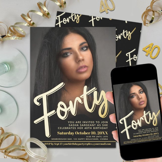 Invitation Quarante 40e anniversaire script photo or plat cou (Créateur téléchargé)