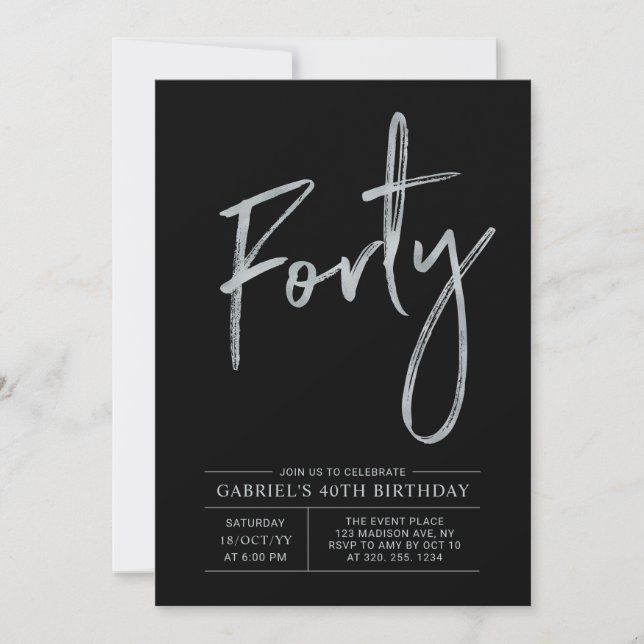 Invitation Quarante | Argent et Noir Fête d'anniversaire mode (Devant)
