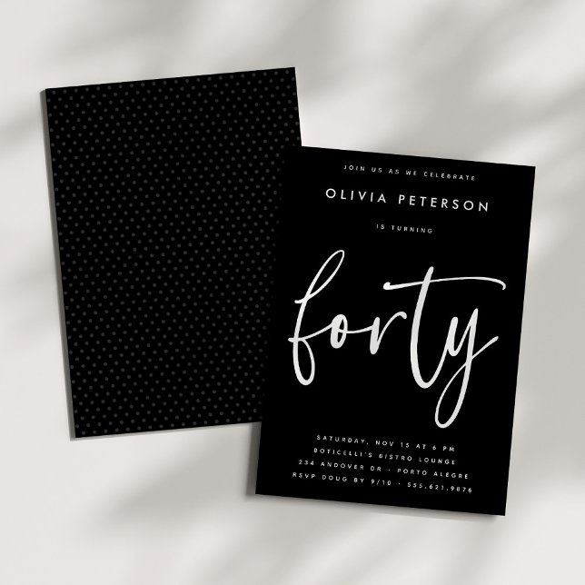 Invitation Quarante | Blanc moderne sur Noir 40e fête d'anniv (Créateur téléchargé)