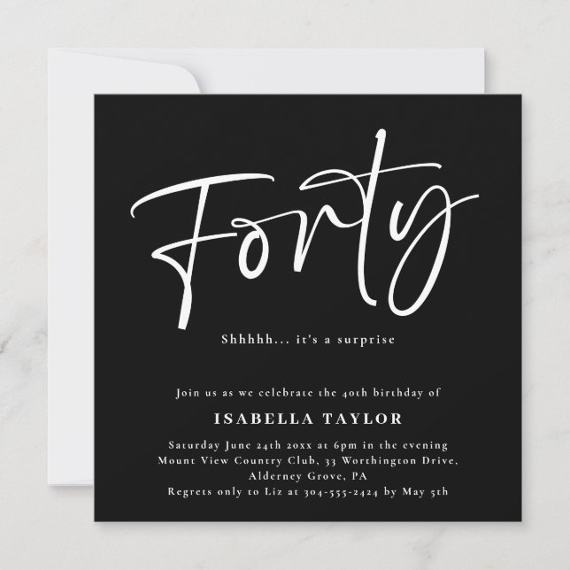 Invitation Quarante chic minimal noir blanc 40e anniversaire (Devant)