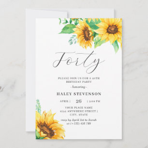 Invitation Quarante chic tournesol jaune floral 40e anniversa