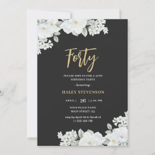 Invitation Quarante élégantes fleurs blanches noires et dorée