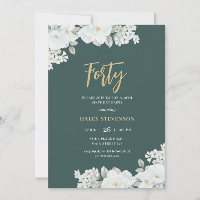 Invitation Quarante Emerald Green & Gold Floral Anniversaire  (Devant)