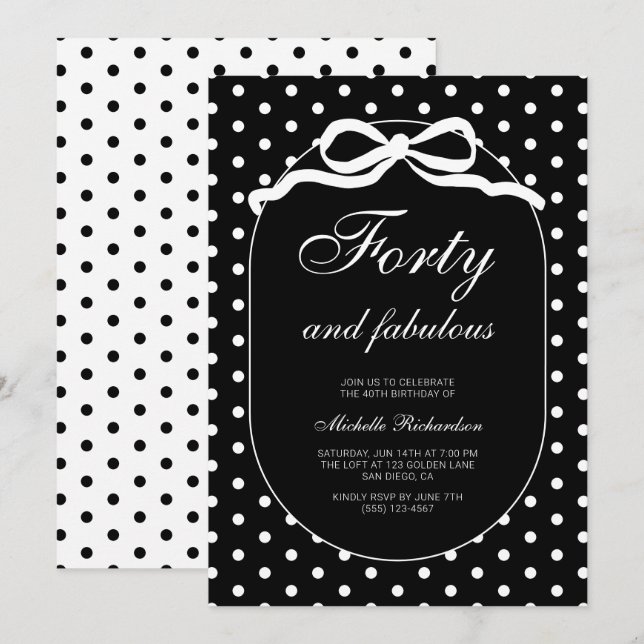 Invitation Quarante et Fabuleux Anniversaire de 40 ans à pois (Devant / Derrière)