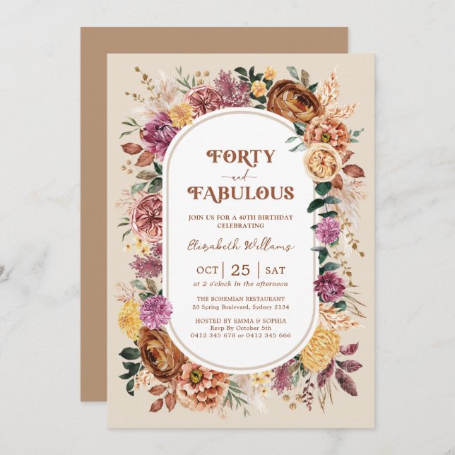 Invitation Quarante et fabuleux Boho Fall Floral 40e annivers (Devant / Derrière)
