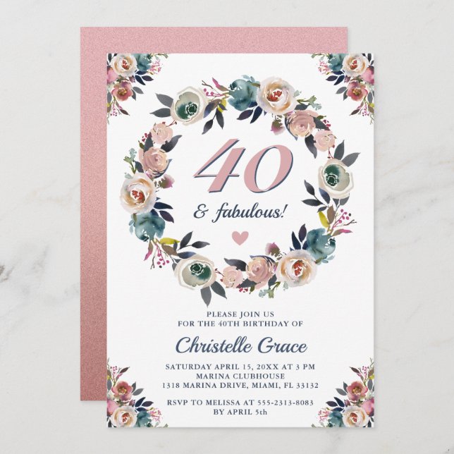 Invitation Quarante et fabuleux fête d'anniversaire du 40e an (Devant / Derrière)