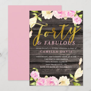 Invitation Quarante et fête d'anniversaire florale rose