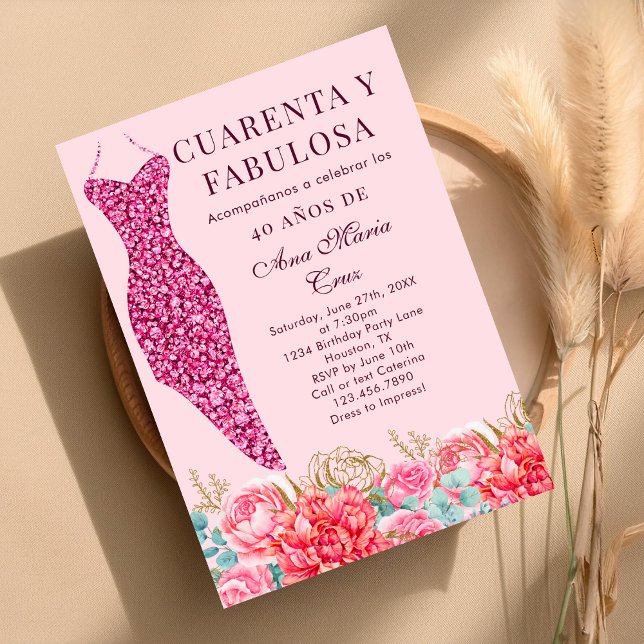 Invitation Quarante & Fabuleux Fleurs Roses Espagnoles 40e An (Créateur téléchargé)