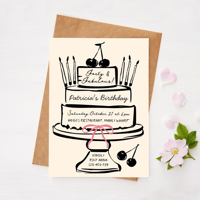 Invitation Quarante & Fabuleux, Gâteau Contemporain Dessiné à (Créateur téléchargé)