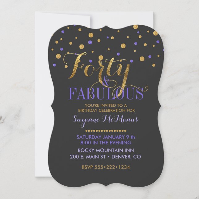 Invitation Quarante & Fabuleux Points de feuille d'or Violet  (Devant)
