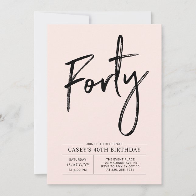 Invitation Quarante | Fête d'anniversaire 40 ans Moderne Rose (Devant)