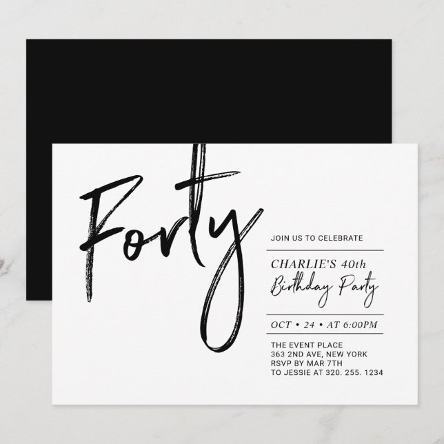 Invitation Quarante | Fête d'anniversaire moderne 40 ans noir (Devant / Derrière)