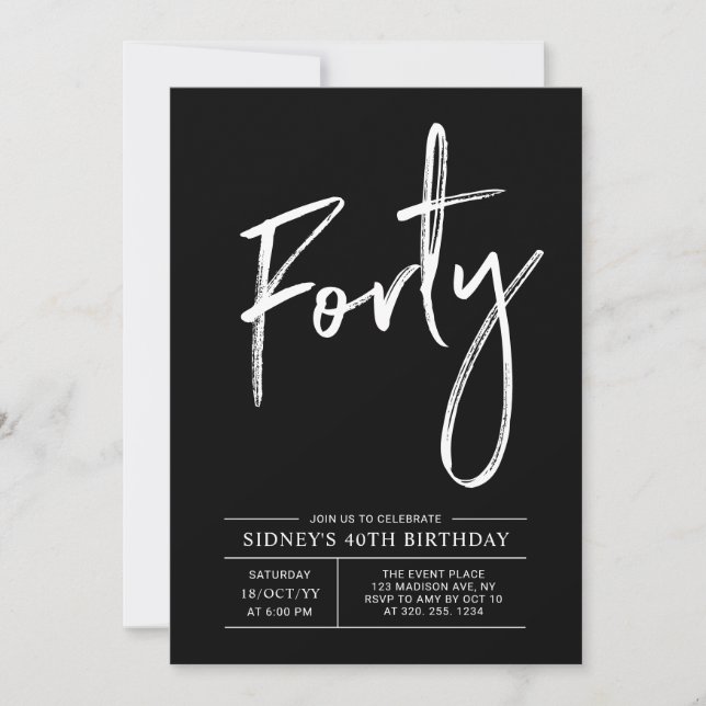 Invitation Quarante | Fête d'anniversaire moderne 40 ans noir (Devant)