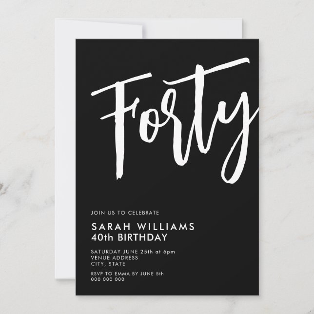 Invitation Quarante moderne noir et blanc 40e anniversaire (Devant)