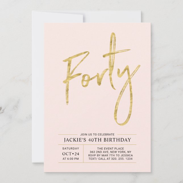 Invitation Quarante | Moderne Or et Rose 40ème Fête d'anniver (Devant)