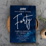Invitation Quarante | Navy Blue 40th Birthday Surprise Party<br><div class="desc">Quarante | L'invitation à la fête surprise du 40e anniversaire de la Marine Bleue présente une toile de fond d'aquarelle bleu profond,  ornée d'éléments textuels blancs sophistiqués transmettant le message "SHH! c'est un anniversaire surprise Quarante." Personnalisez cette invitation en incorporant vos informations et détails uniques.</div>