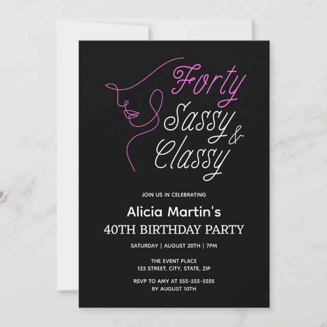 Invitation Quarante Sassy & Classy Rose Noir 40e anniversaire (Devant)