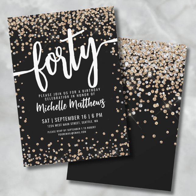 Invitation Quarantième anniversaire de Black Gold (Forty Black Gold Glitter 40th Birthday Invitation)