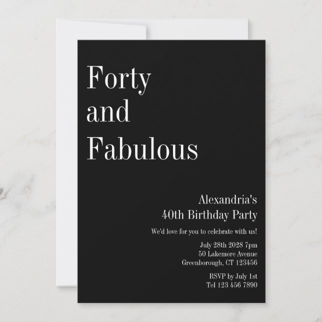 Invitation Quarantième anniversaire fabuleux Black and White (Devant)