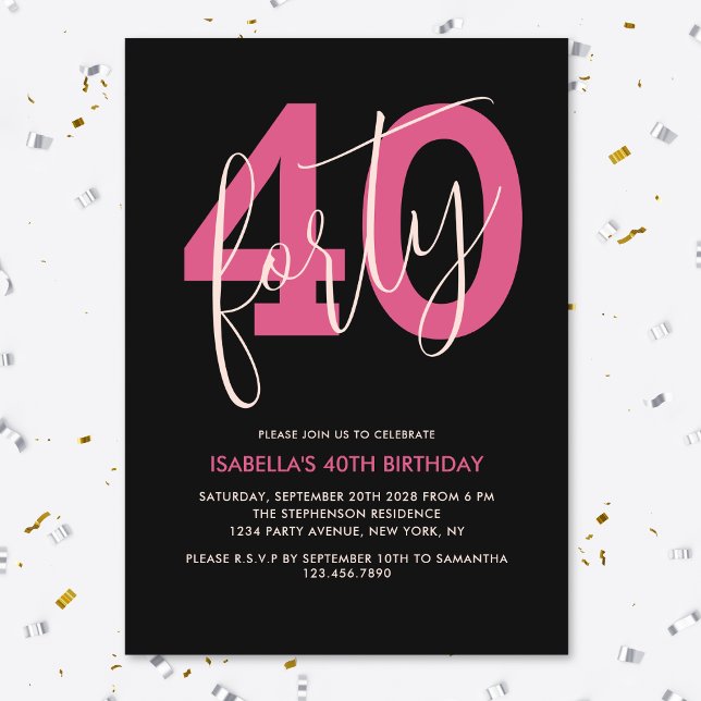 Invitation Quarantième anniversaire moderne gras noir et rose (Créateur téléchargé)