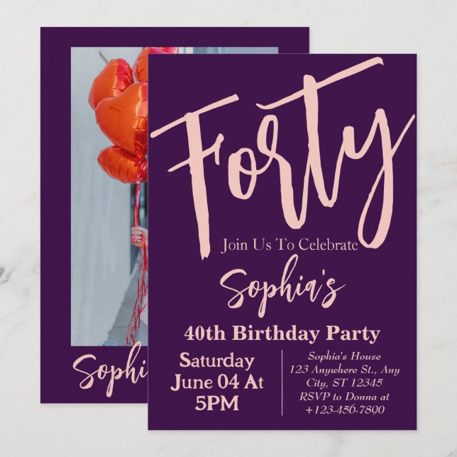 Invitation Quarantième anniversaire moderne rose violet 40 an (Devant / Derrière)