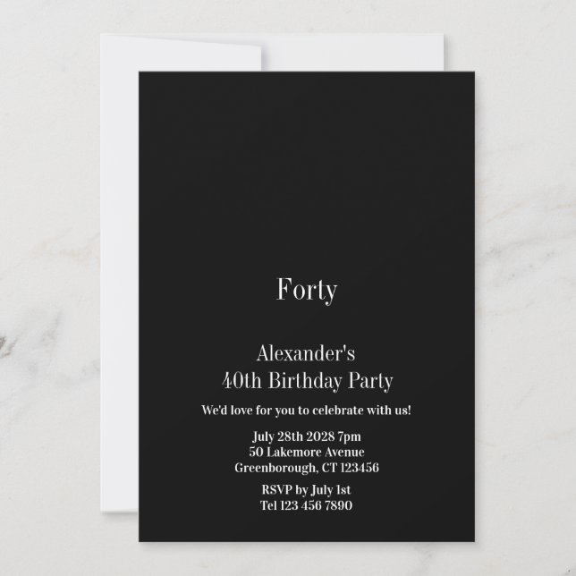 Invitation Quarantième fête d'anniversaire minimal noir et bl (Devant)