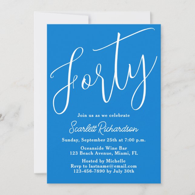 Invitation Quarantième fête d'anniversaire Modern Script Blue (Devant)