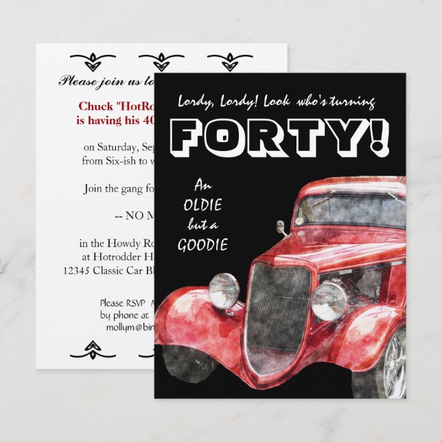 Invitation quarantième Fête d'anniversaire pour lui - voiture (Devant / Derrière)