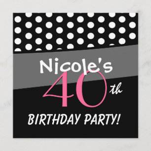 Invitation quarantième Pois rose blanc noir d'anniversaire