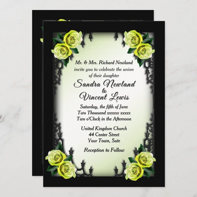 Invitation Quartier français Goth 4 Coin Vert Rose Mariage (Devant / Derrière)