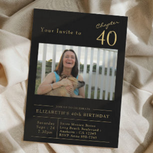 Invitation Quarty Black Gold 40th Birthday Party Photo
