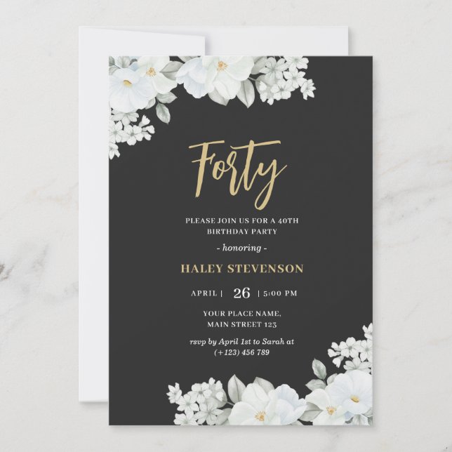 Invitation Quarty Black & Gold Elegant Blanc Floral Anniversa (Devant)