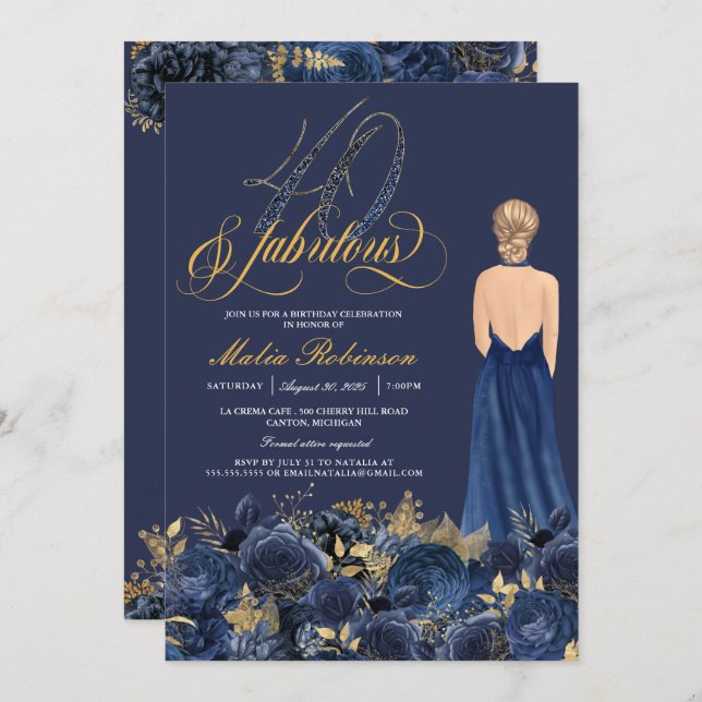 Invitation Quarty & Fabulous Sapphire Blue & Gold Anniversair (Devant / Derrière)