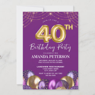 Invitation Quarty Gold Purple Balloons 40e fête d'anniversair